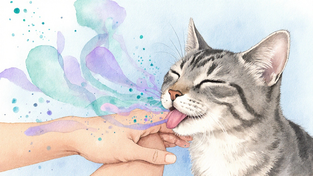 Ilustrace kočky s viditelnými feromonovými vlnami na lidské kůži.