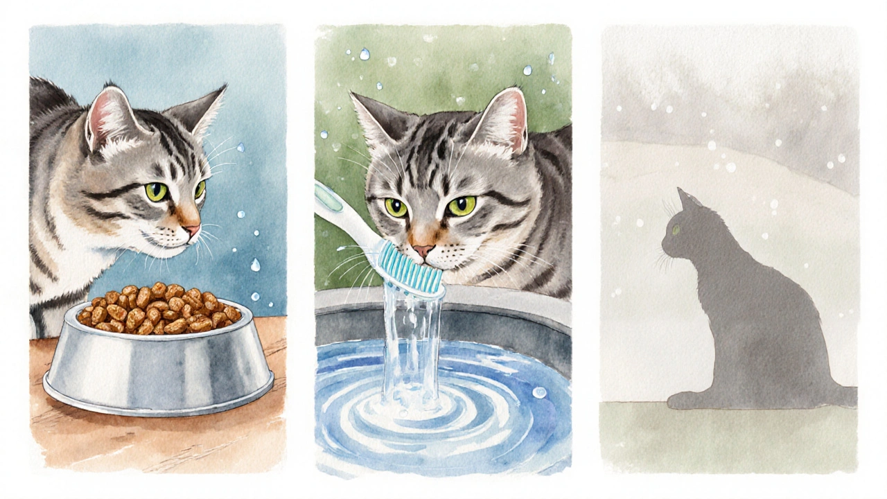 Ilustrace ukazující zubní potíže a dehydrataci starší kočky.
