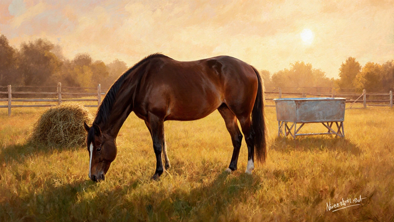 Klidný kůň na pastvě s čerstvou vodou a senem, symbolizující prevenci koliky.