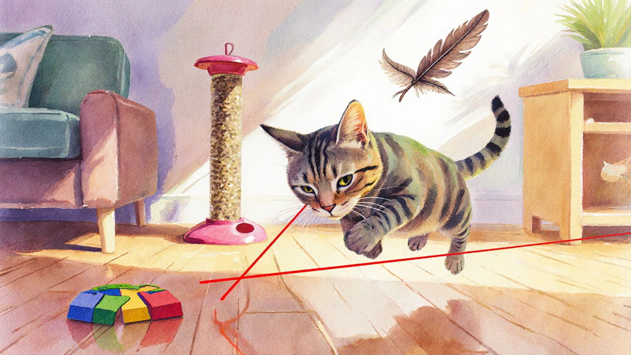 Kočka skáče po laserovém bodě, kolem jsou puzzle krmivo a pírko.