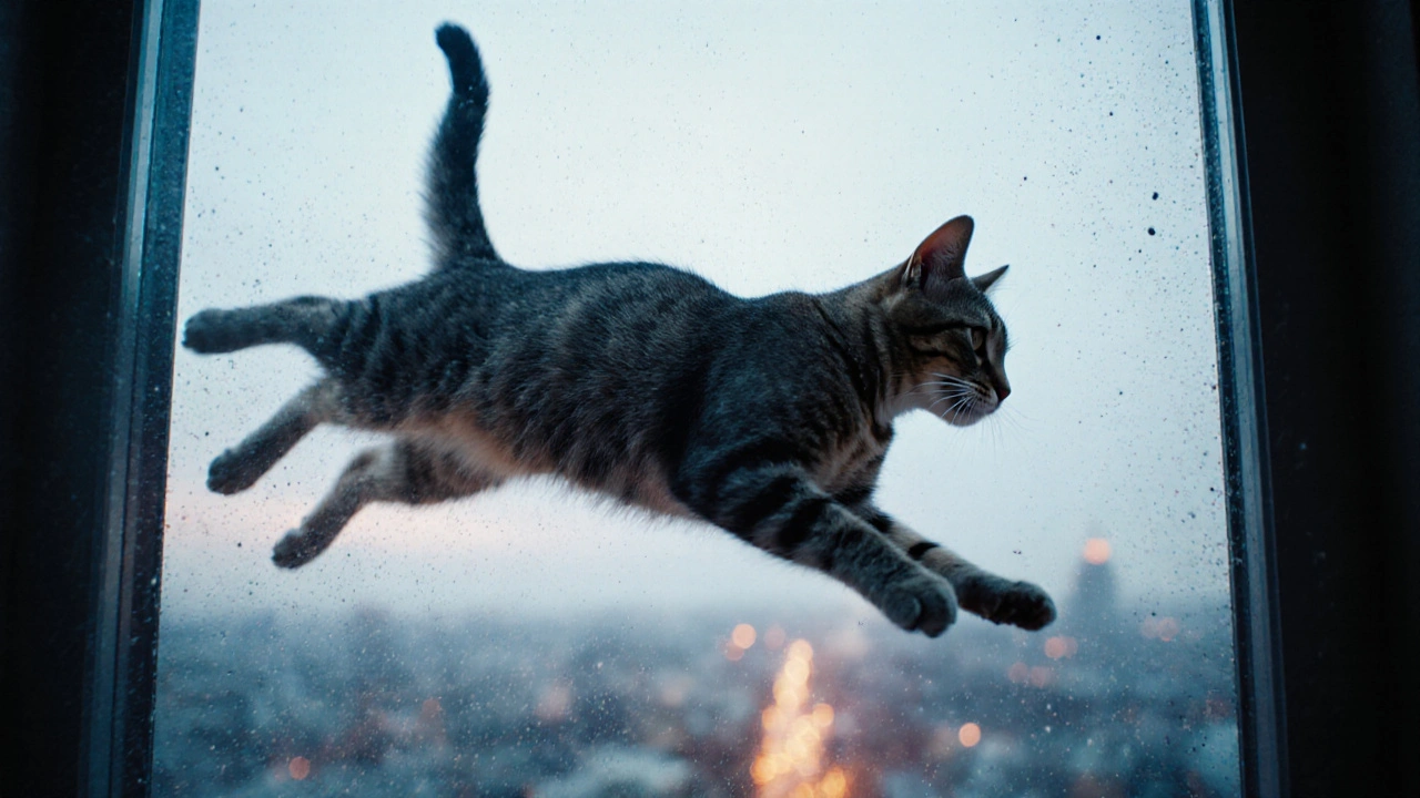 Kočka v průběhu pádu z okna, tělo v perfektní pozici, město jako rozmazaný pozadí.