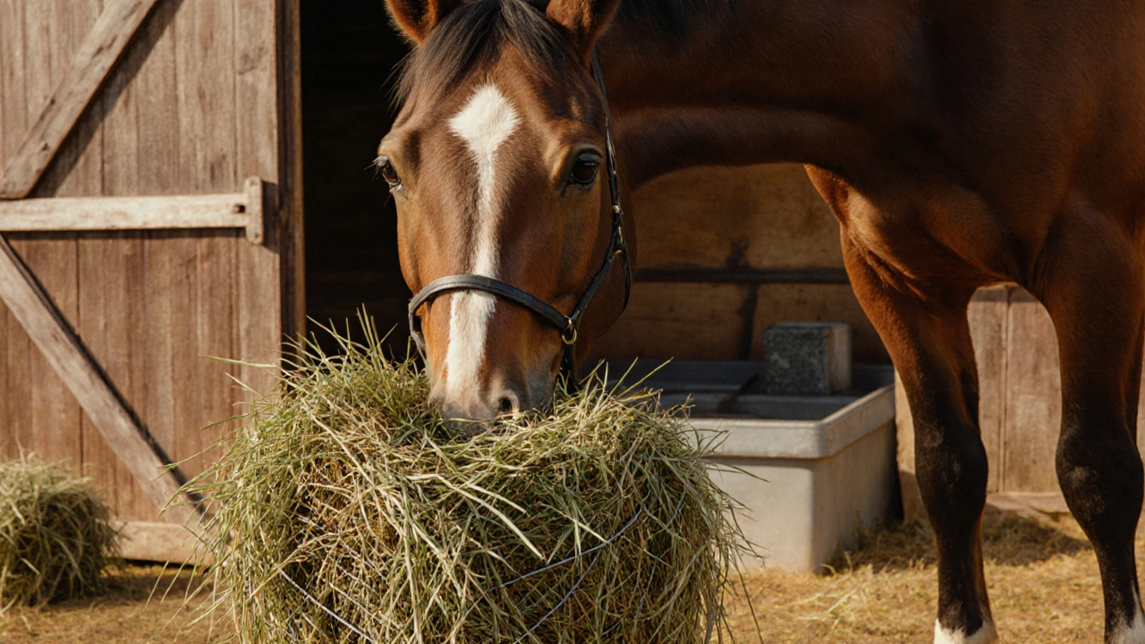 Kůň přijímá kvalitní seno z sítě, viditelně čerstvé a bez prachu.