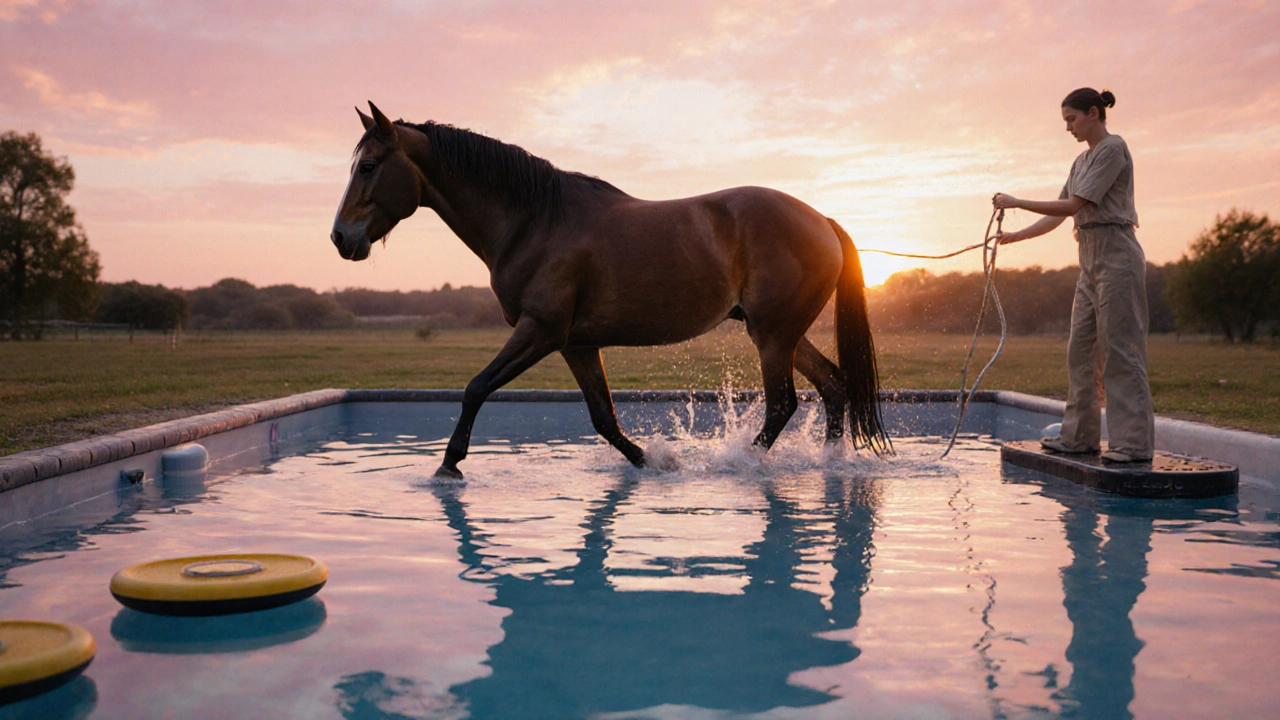 Kůň v rehabilitační vodní lázni posiluje hřbet a konečník.
