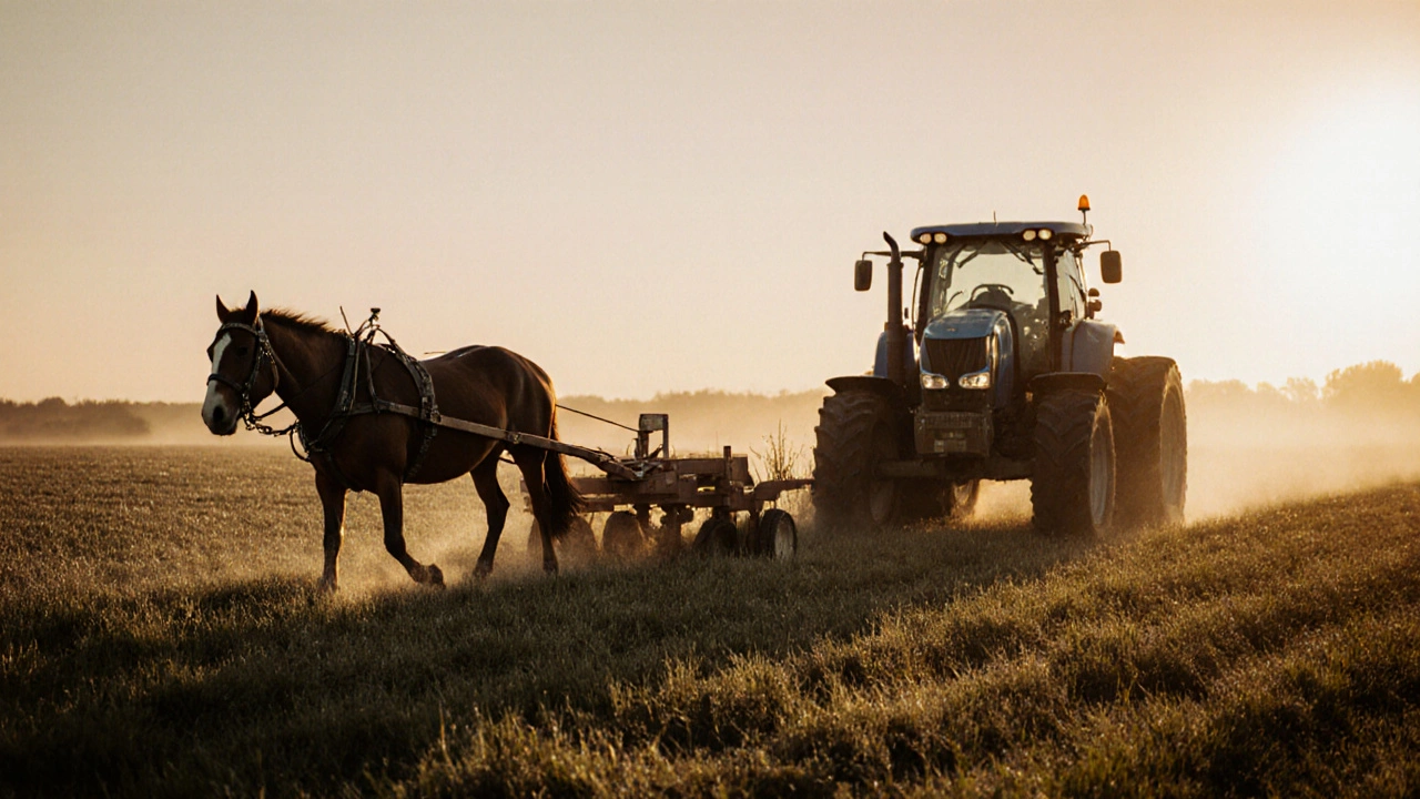Na rozbřesku kůň táhne pluh a vedle něj jede traktor, obklopené mlhou.