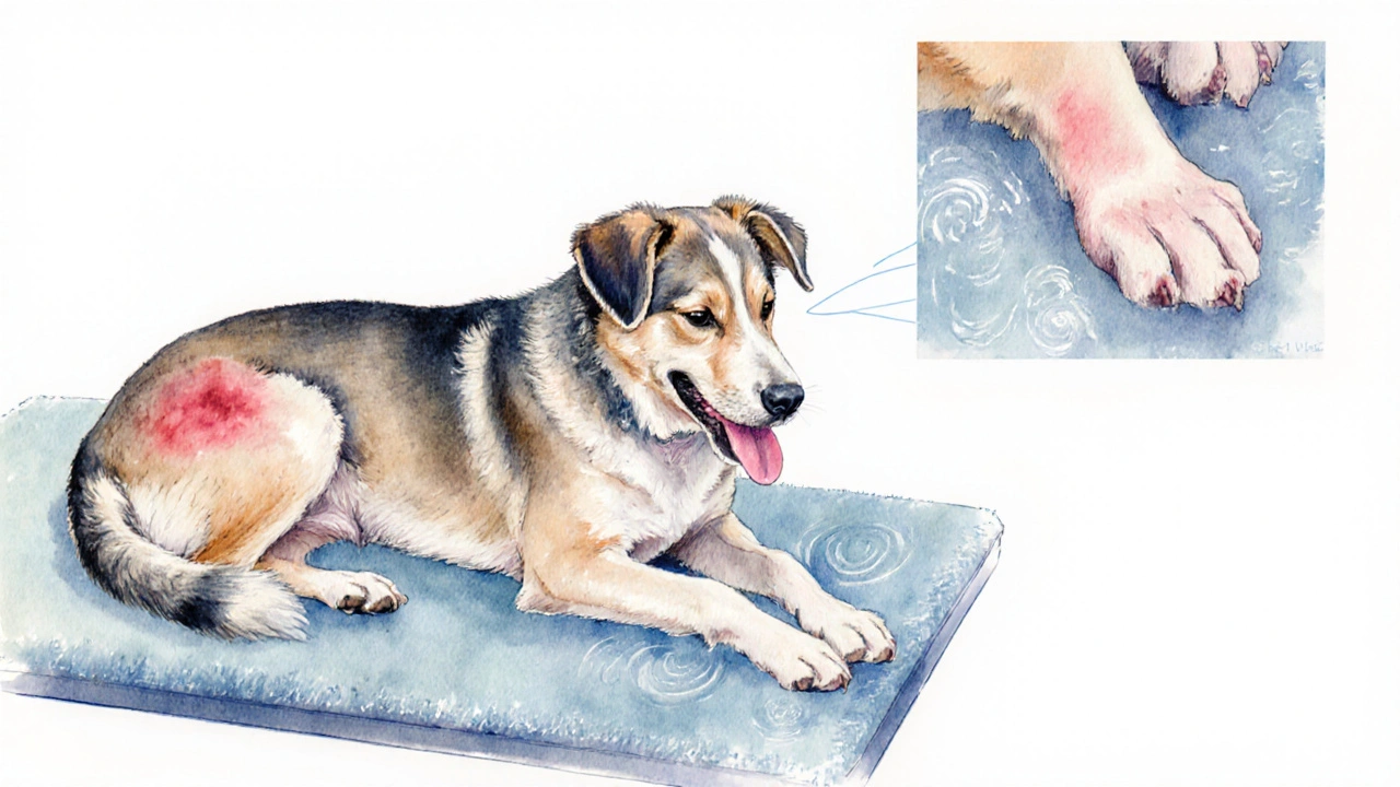 Pes s vyrážkou, kašlem, břichní bolestí a kulháním na veterinární stole.