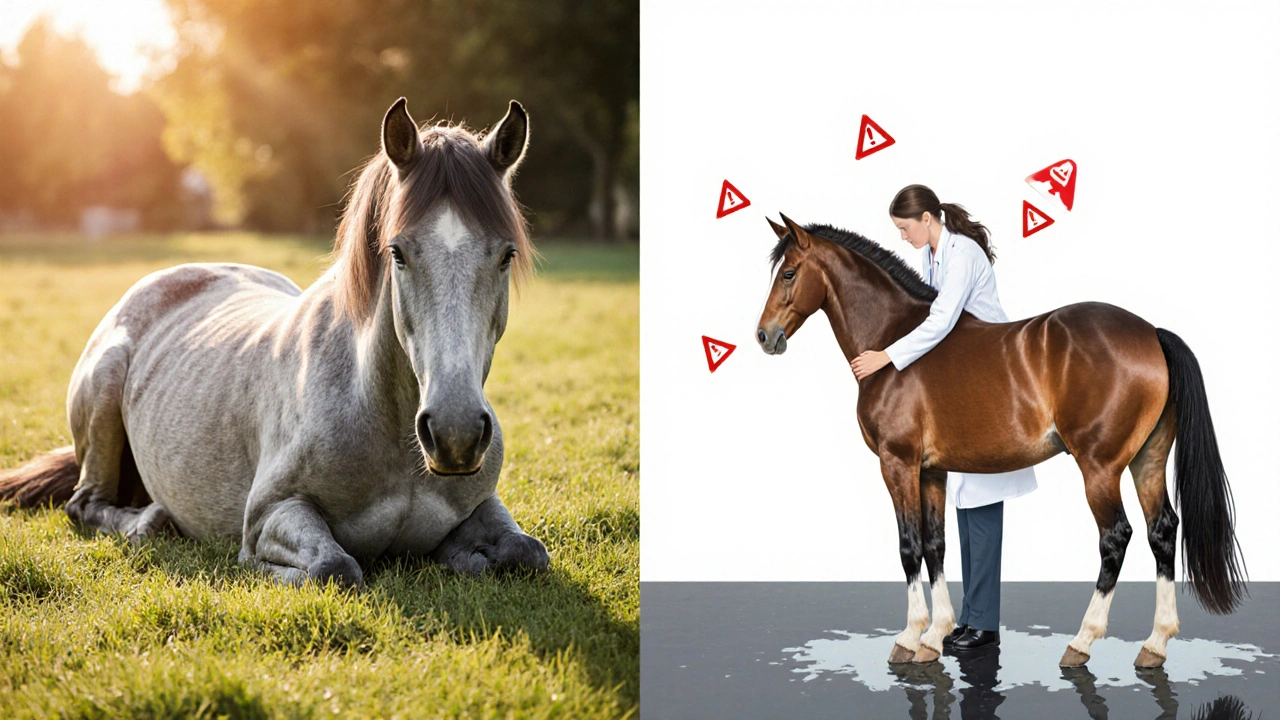 Rozdělený obrázek: zdravý kůň leží, zatímco druhý kůň ukazuje bolest a veterinář ho kontroluje.