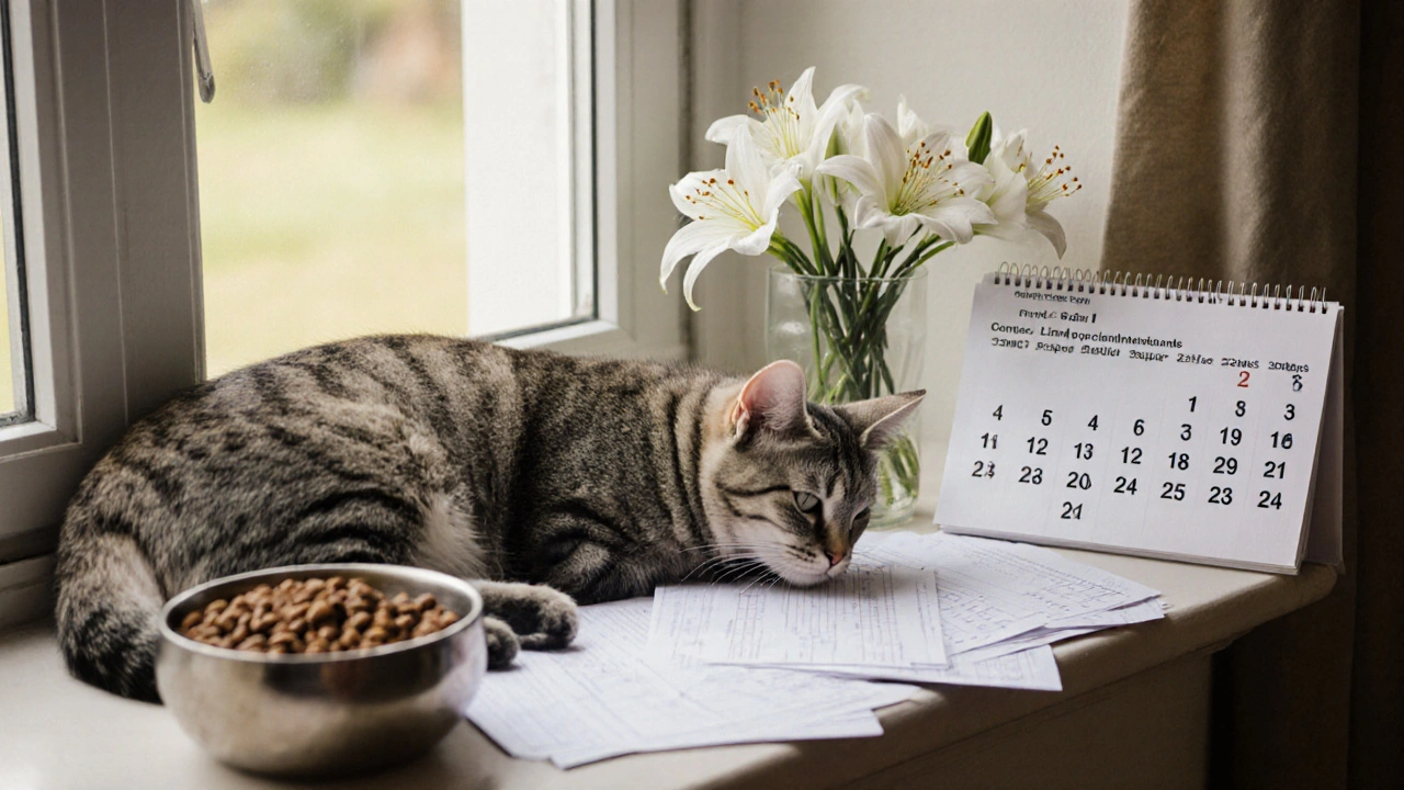 Stará kočka na okenním parapetu v bezpečném domě, kolem ní veterinární dokumenty a bezpečné prostředí.