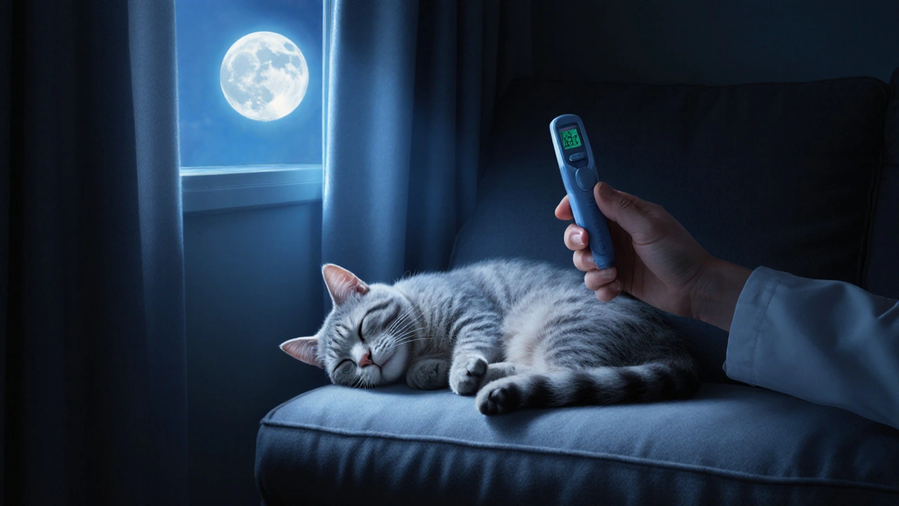 Starší kočka klidně spí v tichém rohu, v pozadí ruční péče veterináře.