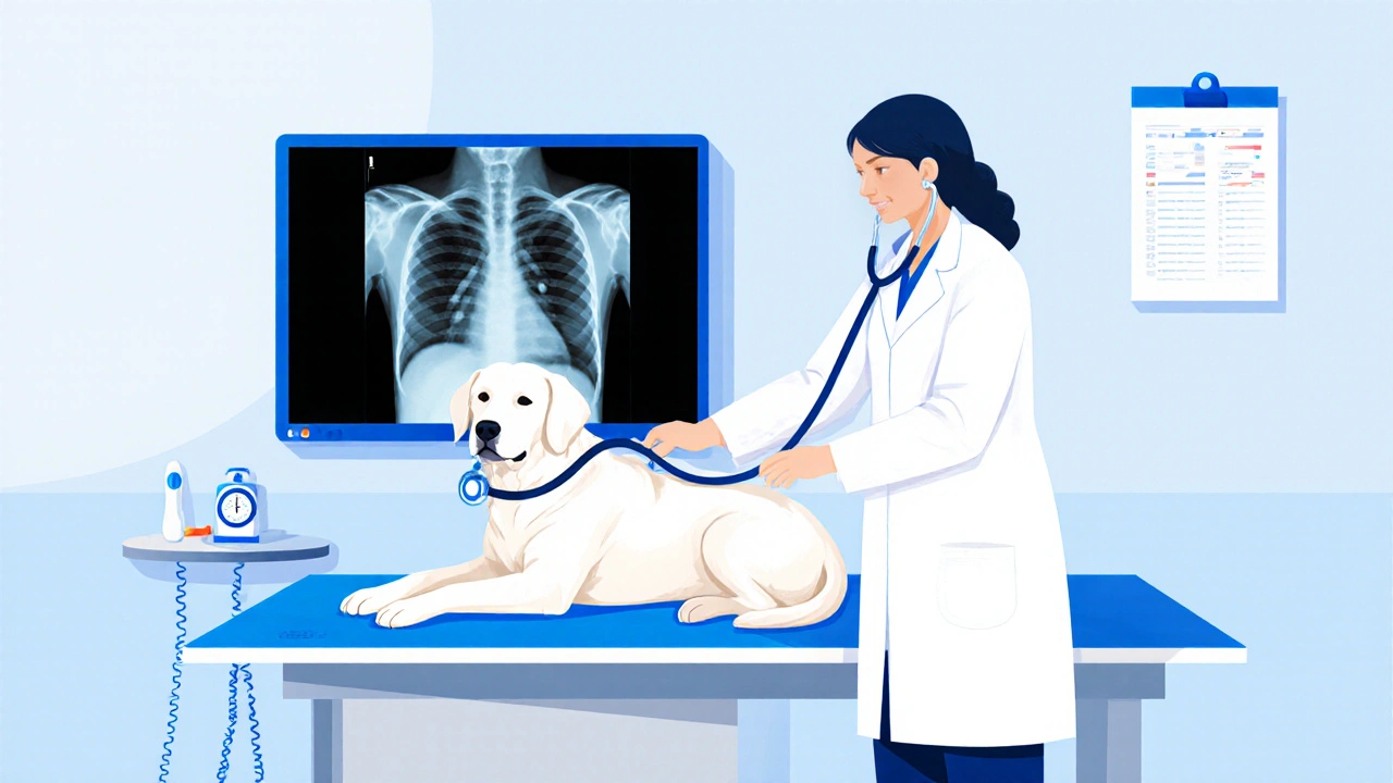 Veterinář kontroluje kašlícího psa v klinice s rentgenovým snímkem.