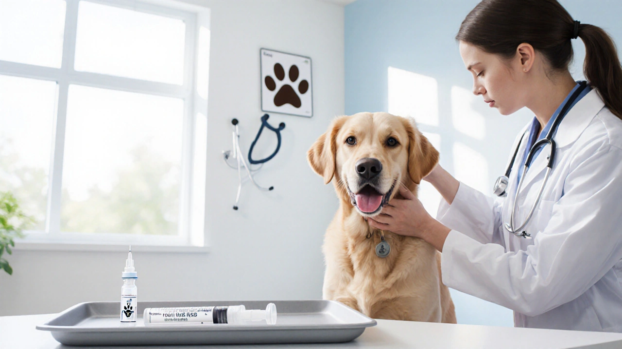 Veterinář kontroluje zdravého psa a podává vakcínu v čistém ordinaci.