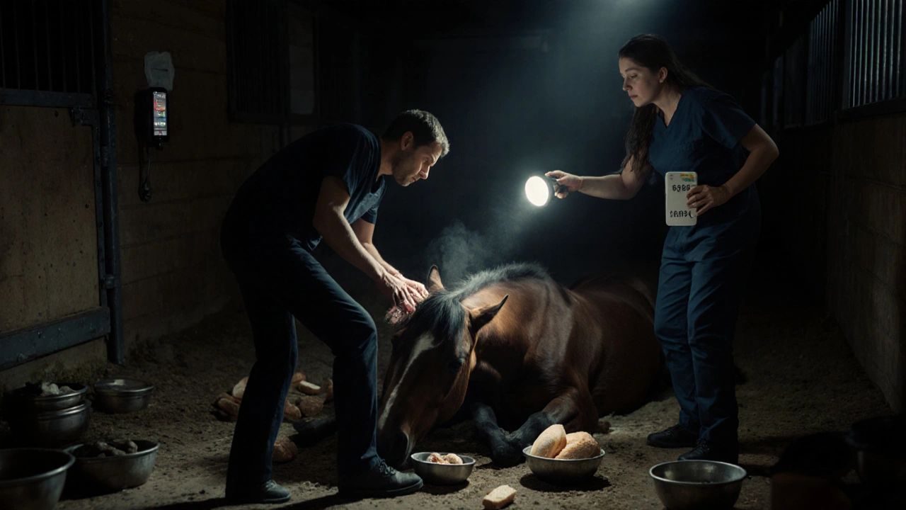 Veterinář léčí kůňa v stáji s příznaky otravy a záchranným číslem na zdi.