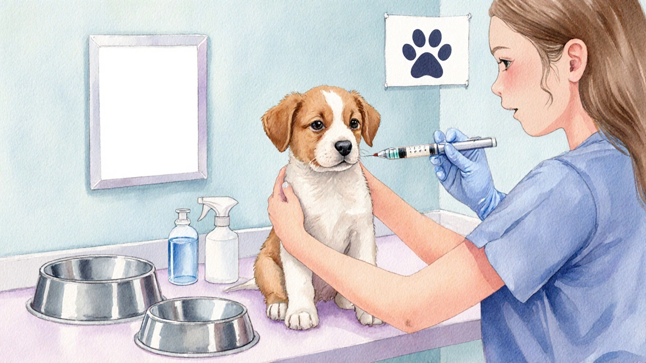 Veterinář podává štěněti vakcínu proti psincovému kašli, čisté misky v pozadí.