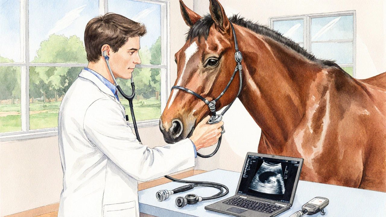Veterinář poslouchá hruď koně, kolem přístroje na diagnostiku.