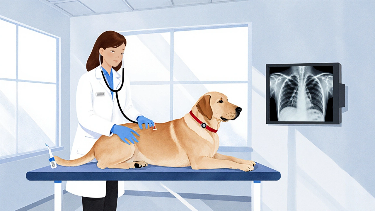 Veterinář poslouchá psa stetoskopem a provádí nosní odběr pro PCR test.
