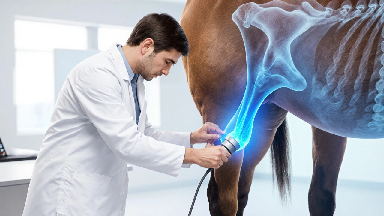 Veterinář provádí ultrazvuk a rentgenové vyšetření konečníku koně.