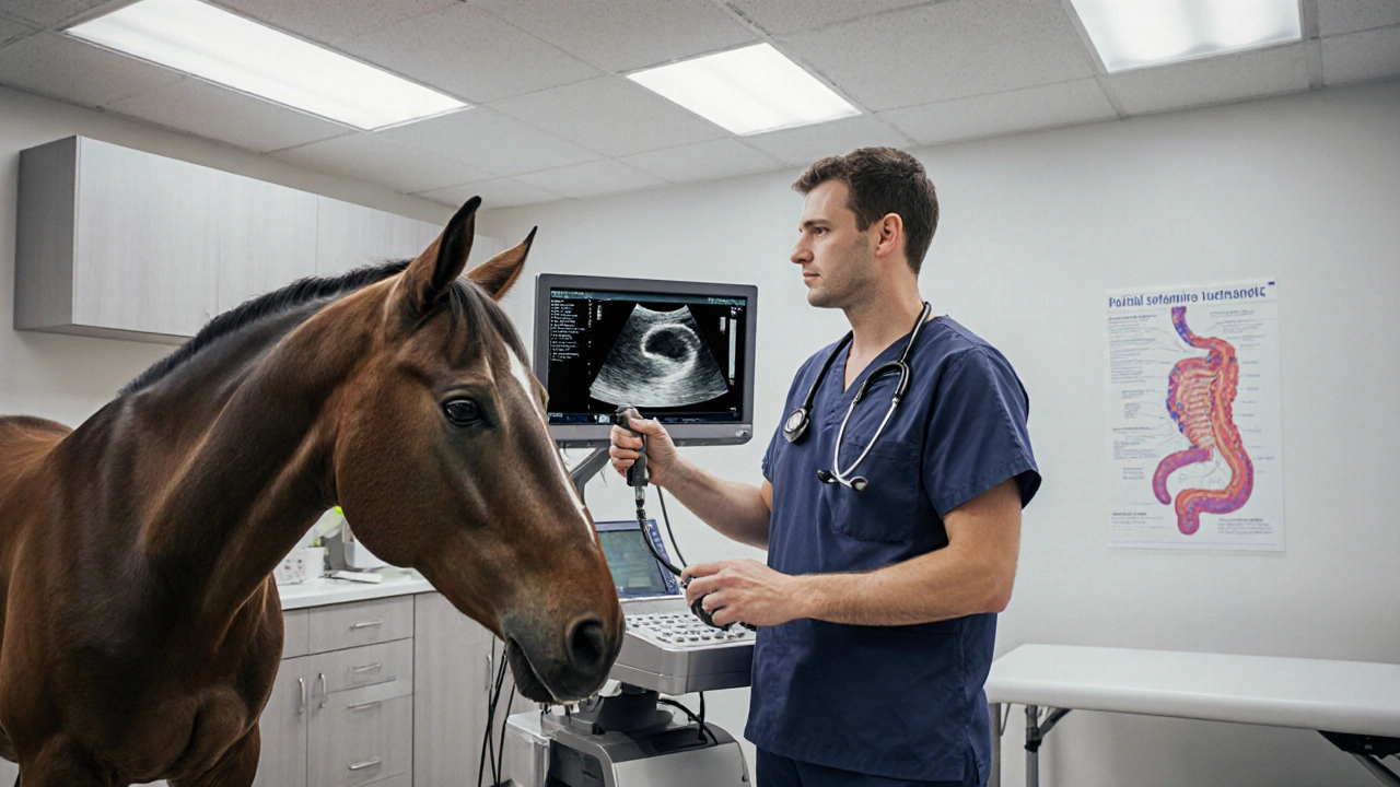Veterinář provádí ultrazvuk břicha koně v klinickém prostředí.
