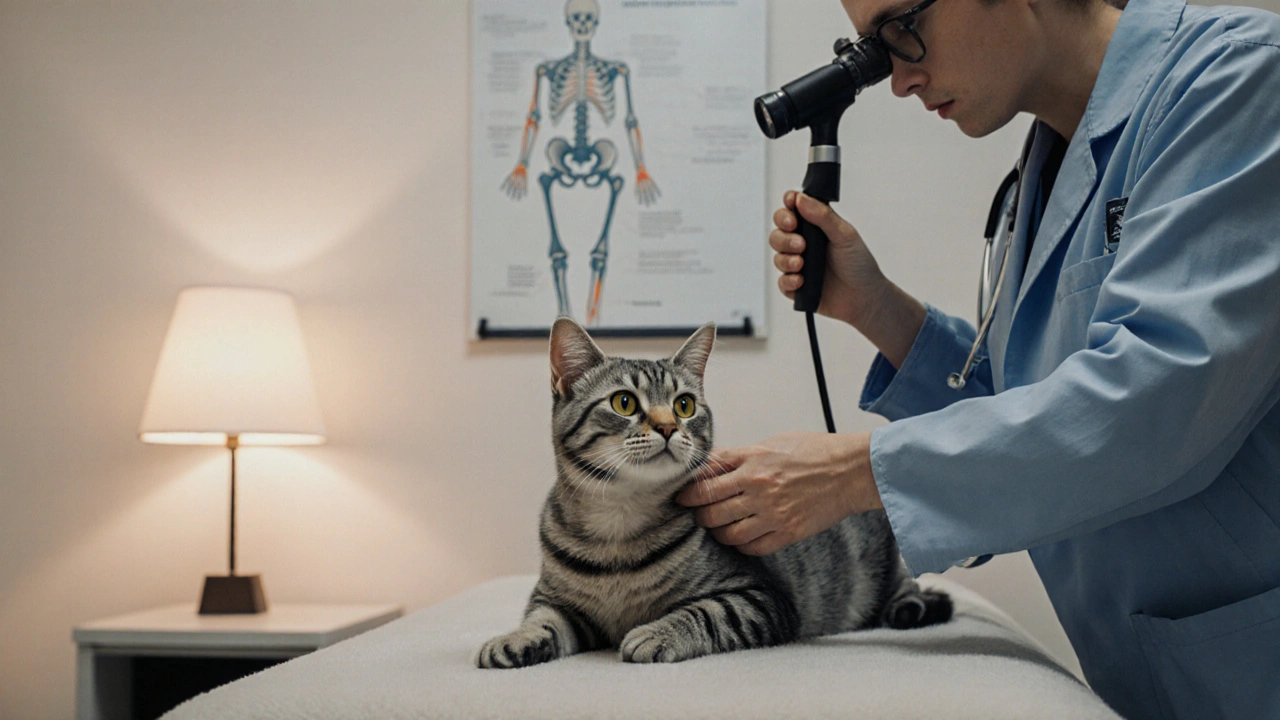 Veterinář zkoumá starší kočku na vyšetřovacím stole.