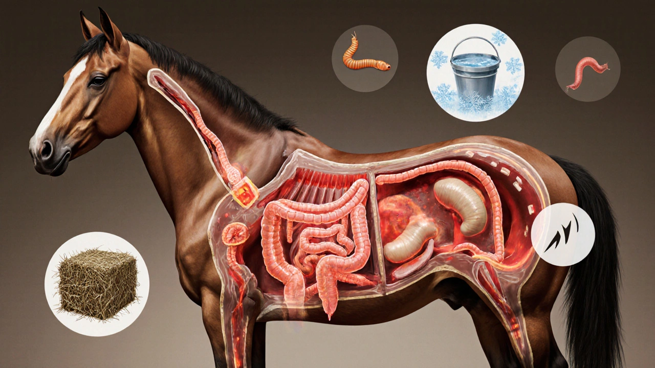 Vnitřní pohled na zablokovaný trávicí trakt koně s příčinami koliky.