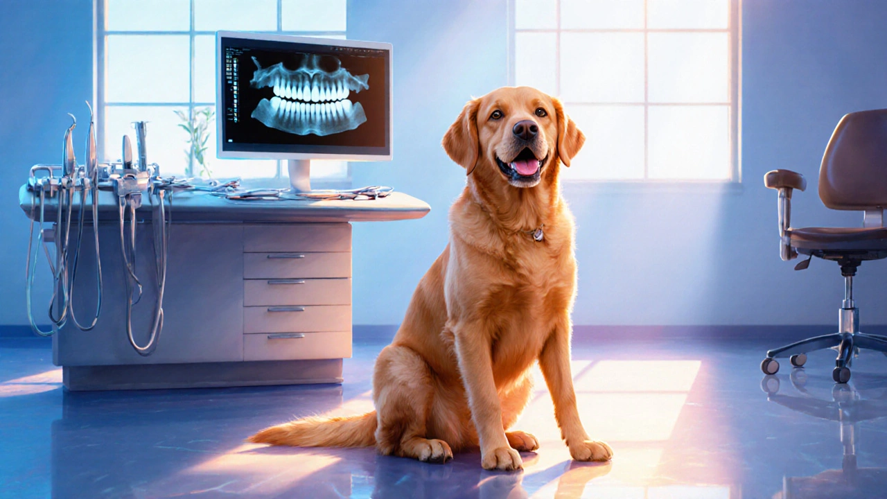 Zdravý dospělý pes s čistými zuby a spokojeným majitelem u veterináře.