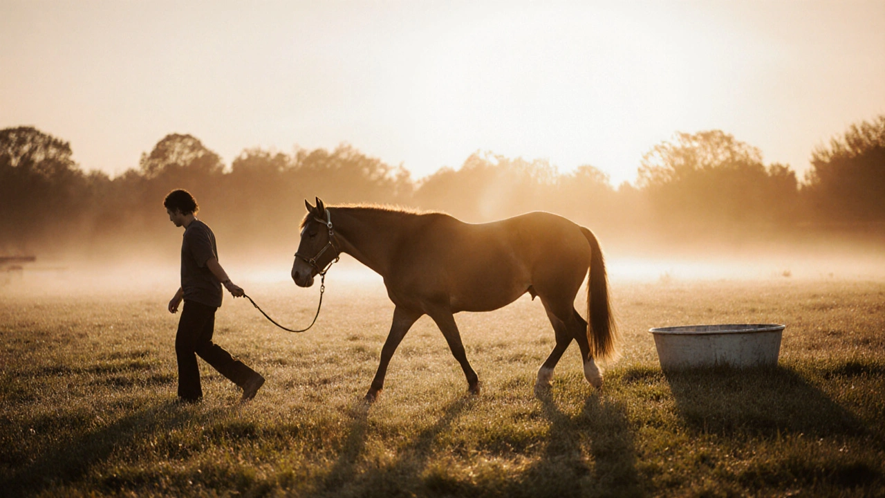 Zotavující se kůň kráčí v pastvě za svítání, symbol prevence.