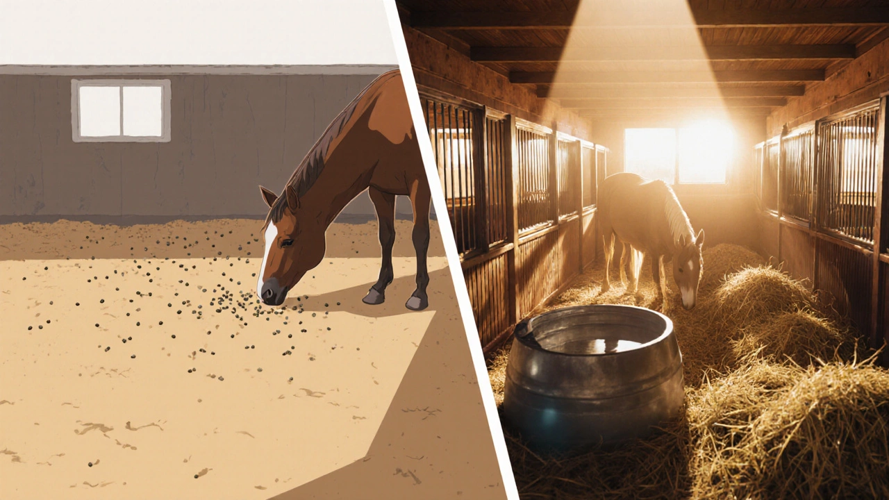 Before and after: horse with constipation versus recovered horse with normal manure and drinking water.