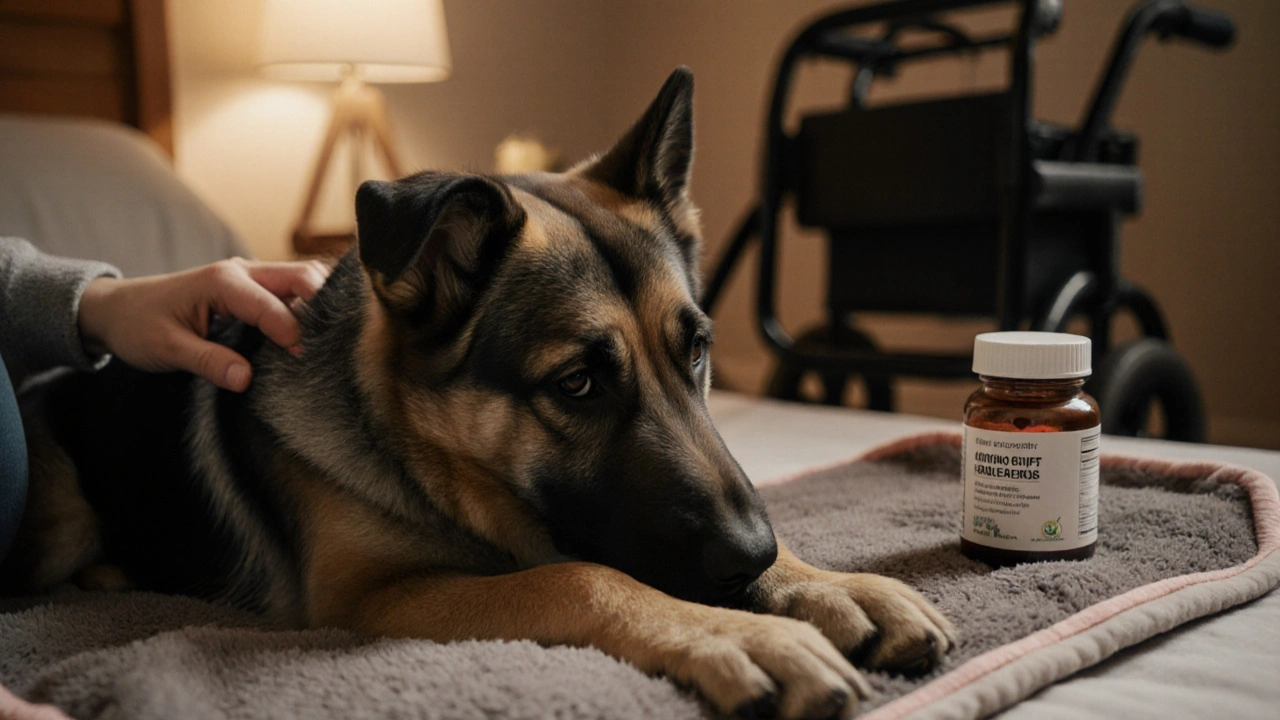 Chudý německý ovčák leží na ohřívané podložce, dotýká se ruky majitele, vedle něj je kočárek.