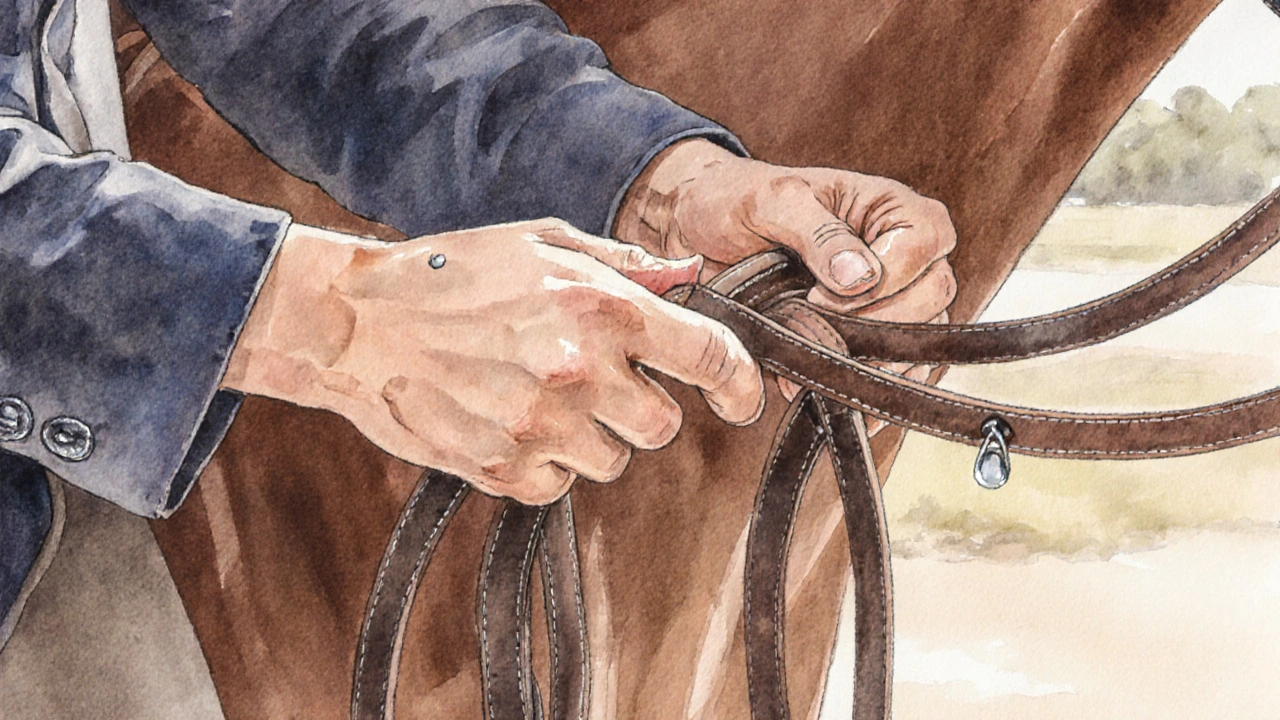 Detail rukou jezdce s jemně uchopenými otěžemi mezi prstem a malíčkem, bez napnutí.