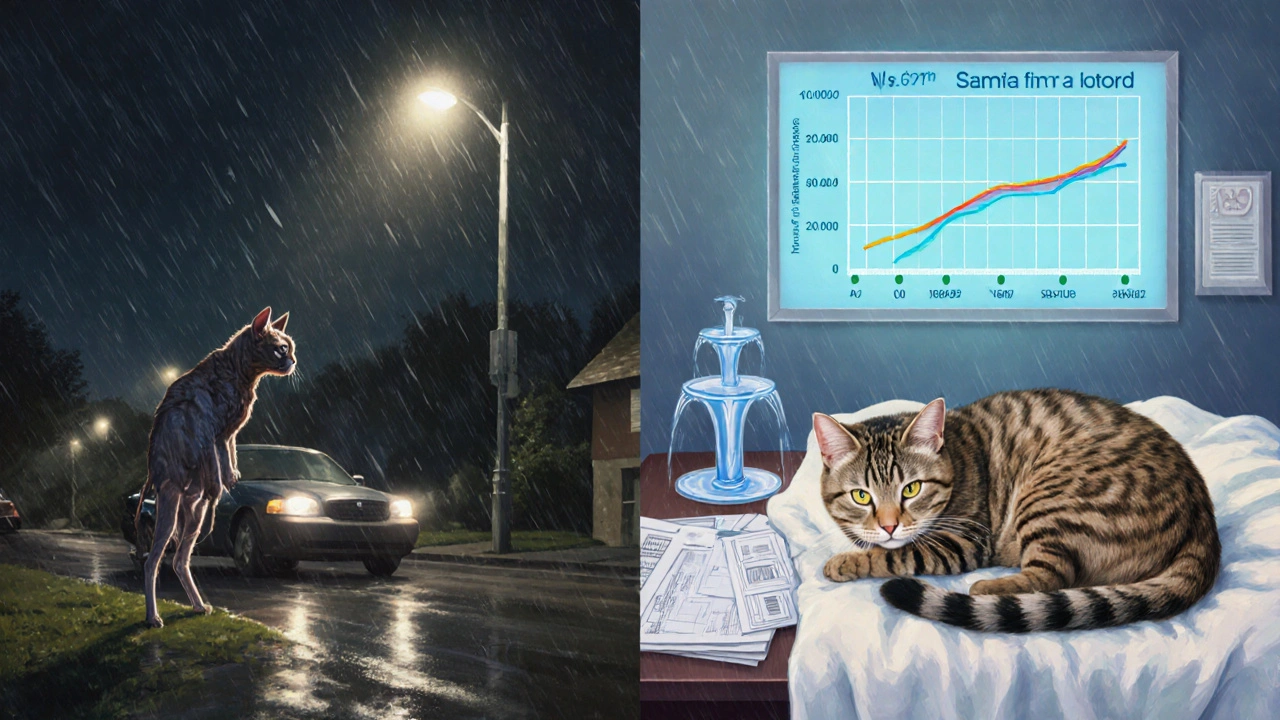 Dvě kočky: jedna venku v nebezpečí, druhá v bezpečí doma s dlouhým životem.