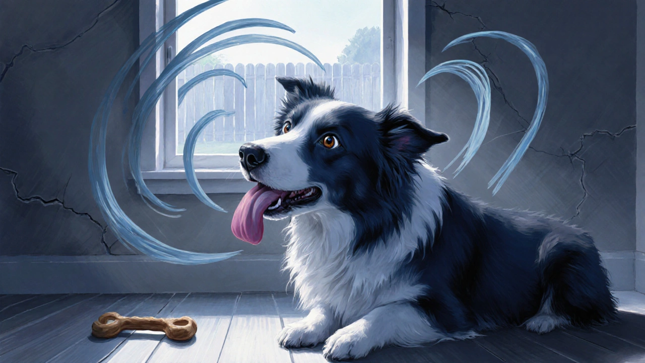 Hranatá hranatá psíčka líže prázdný vzduch, znázorňující úzkost a izolaci.