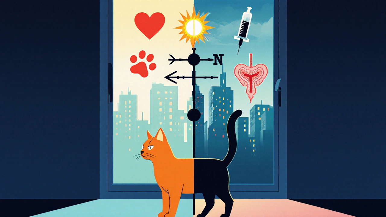 Kočka jako centrum symbolického větrníku, kde ocas znamená štěstí nebo zdravotní varování.