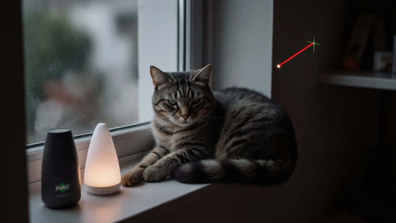 Kočka na okně s nečesanou srstí, Feliway difuzor na polici, laserový bod na zdi.