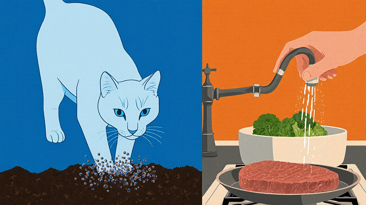 Kočka s viditelnými parazity ve výkalech, zároveň lidé myjí zeleninu a vaří maso.