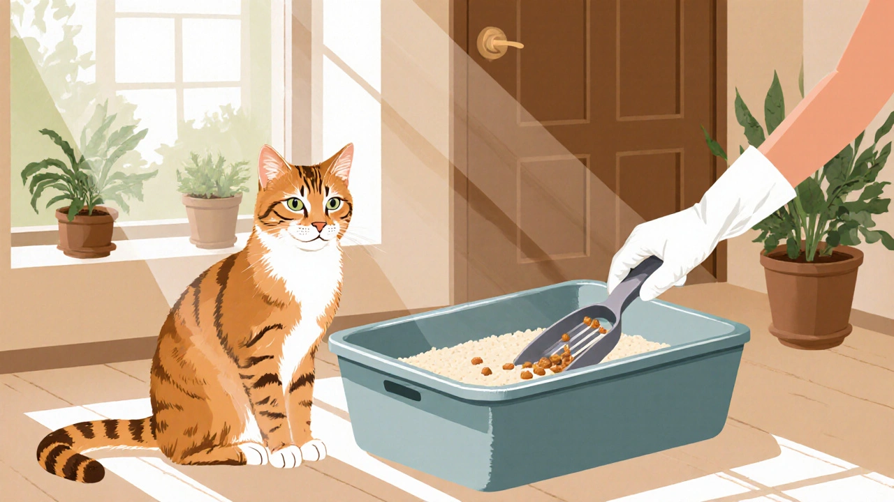 Kočka sedí u čisté pískovny, zatímco člověk v rukavicích odstraňuje výkaly.