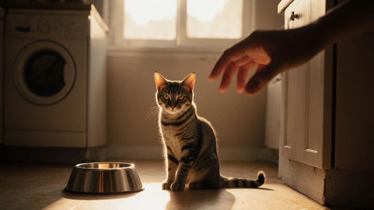 Kočka sedí vedle nevyjedeného mísy, ruka člověka se dotýká jen vzdáleně.