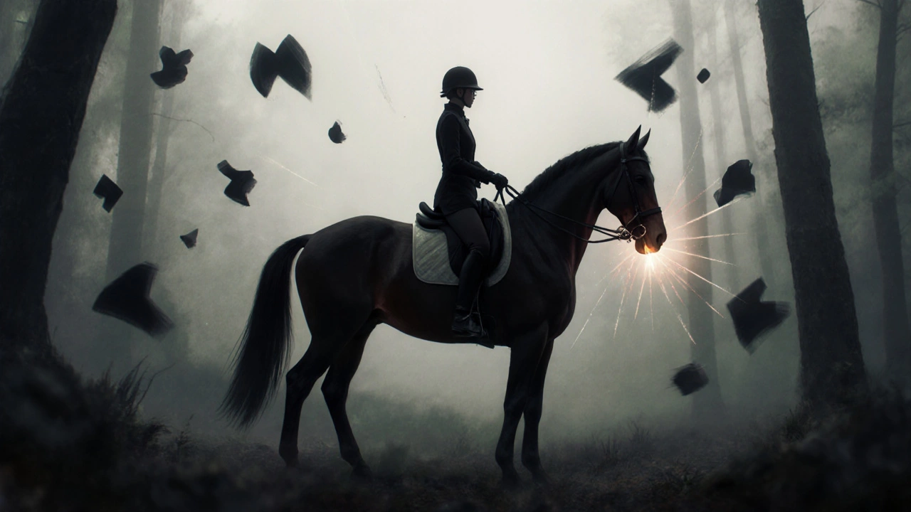 Kůň a jezdec v klidné harmonii, vizuální reprezentace neviditelné komunikace přes otěže.