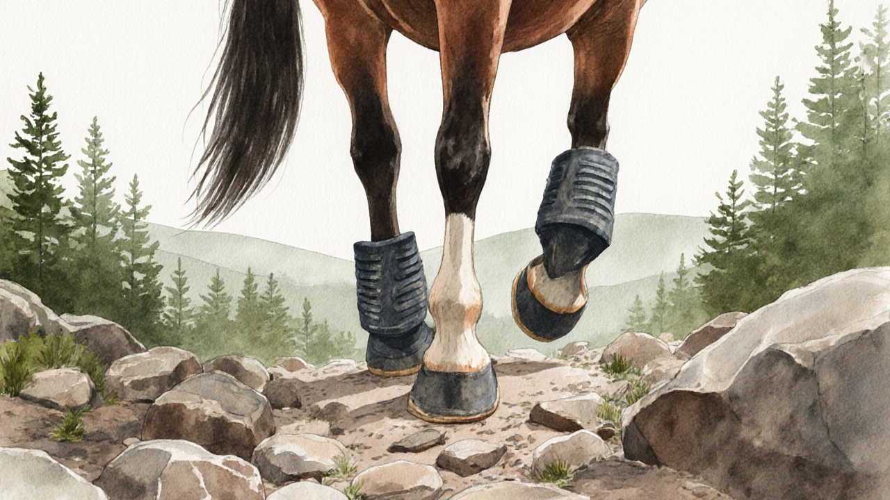Kůň kráčí po kamenité cestě s plastovými podkovami na kopytech.