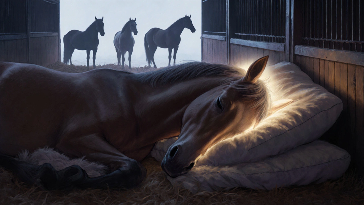 Kůň leží v klidu na měkké slámě ve stáji, jemné světlo označuje hluboký spánek.