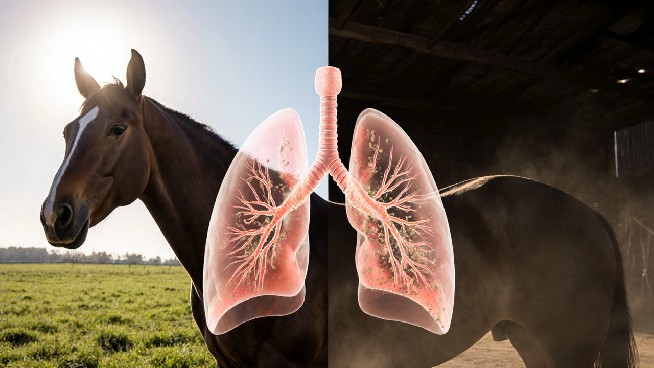 Kůň s transparentními plicemi: zdravé vs. poškozené dýchací cesty.