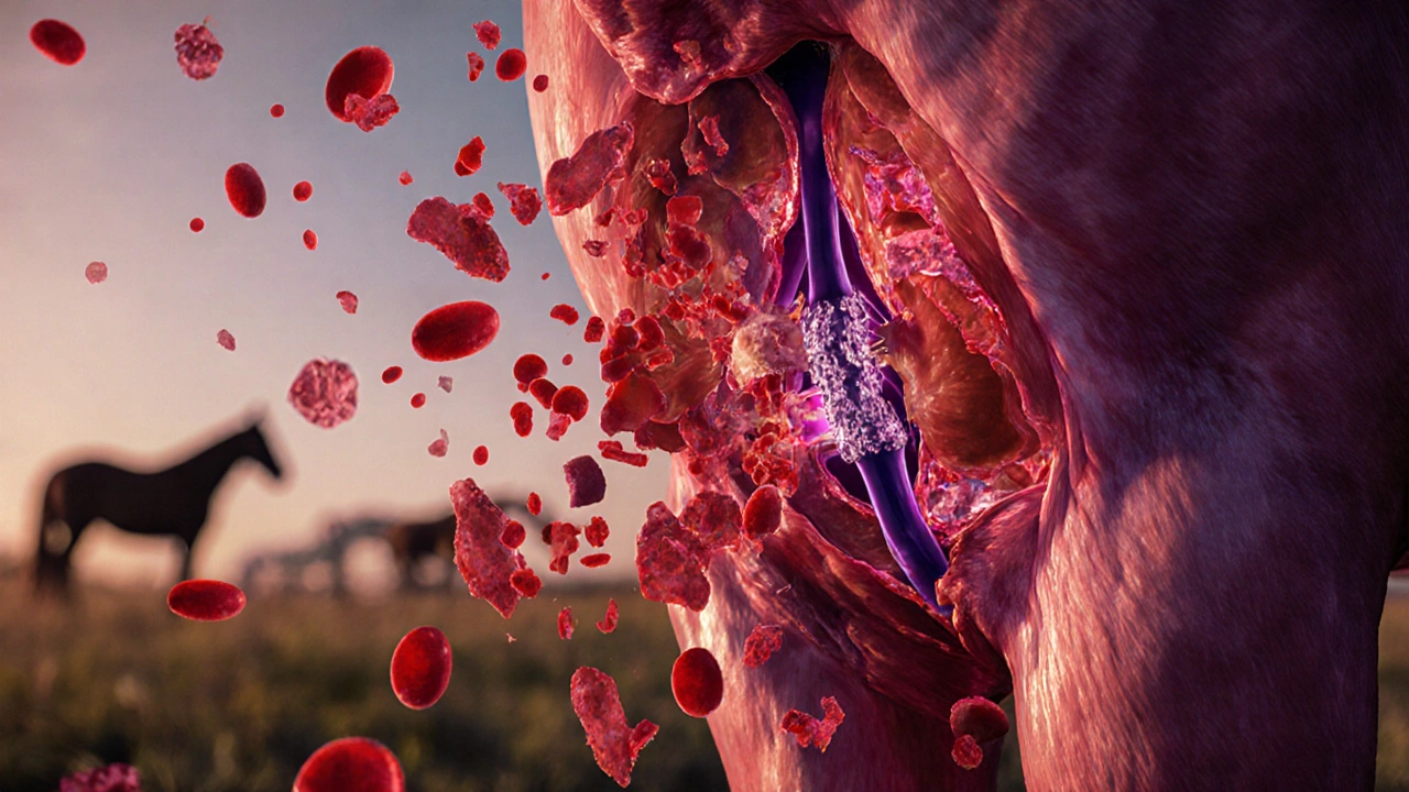 Mikroskopický pohled na rozpadající se svalové buňky a poškození ledvin.