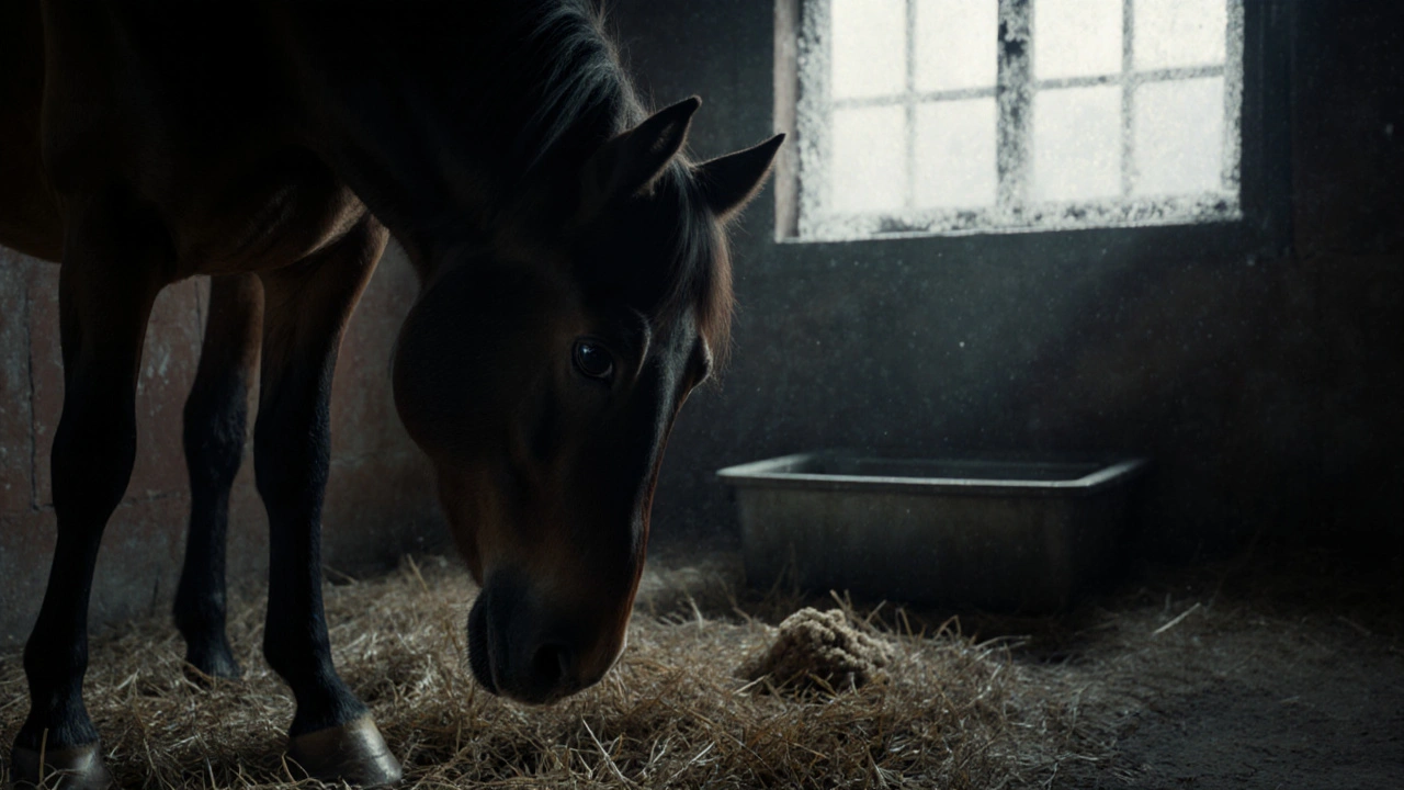 Nemocný kůň projevující bolest, stojí s jednou nohou zvednutou a hledí na břicho.
