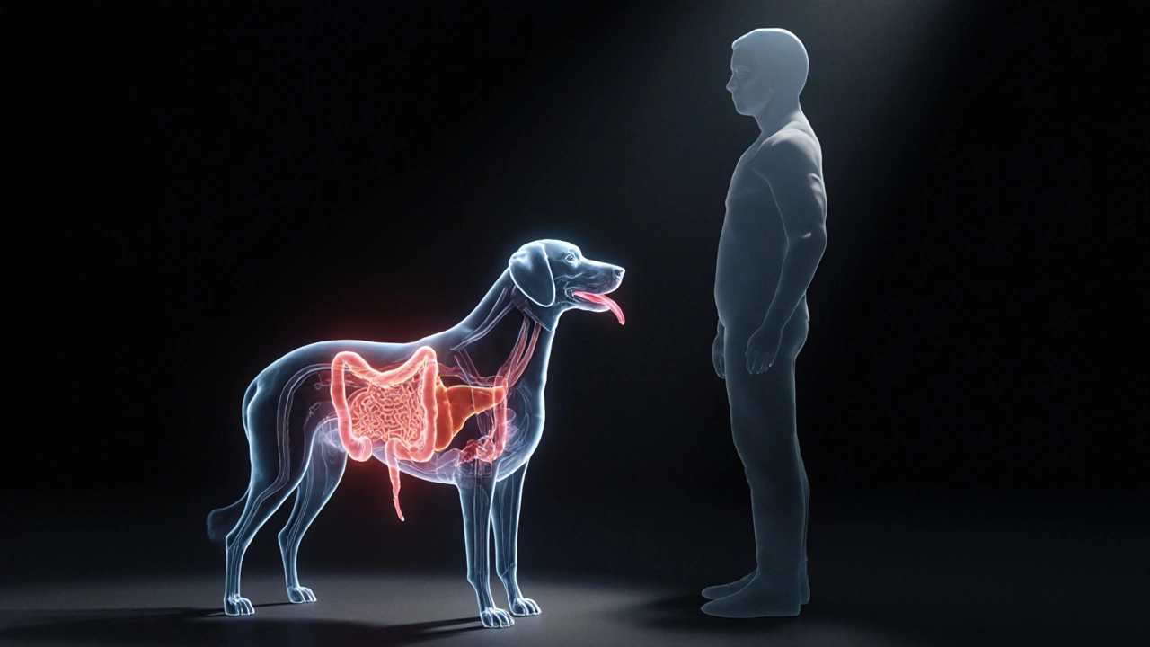 Pes a člověk spojeni jazykem, který přenáší viditelné znaky vnitřních problémů jako zánět jater a vysoký cukr.