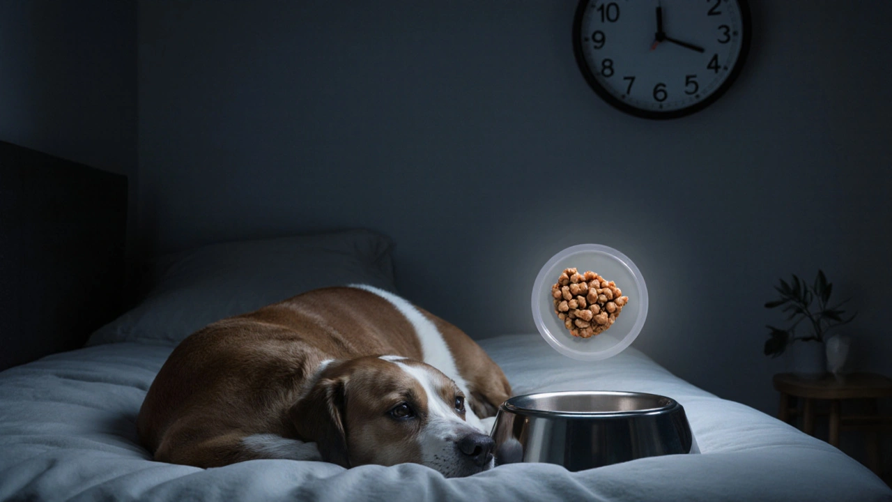 Pes klidně spí v noci s prázdnou misekou vedle sebe.