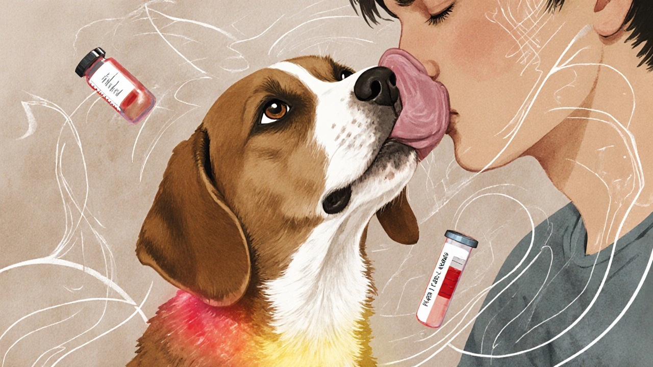 Pes olizuje obličej majitele, kolem něj se vznášejí abstraktní symboly stresu a onemocnění jater a cukrovky.