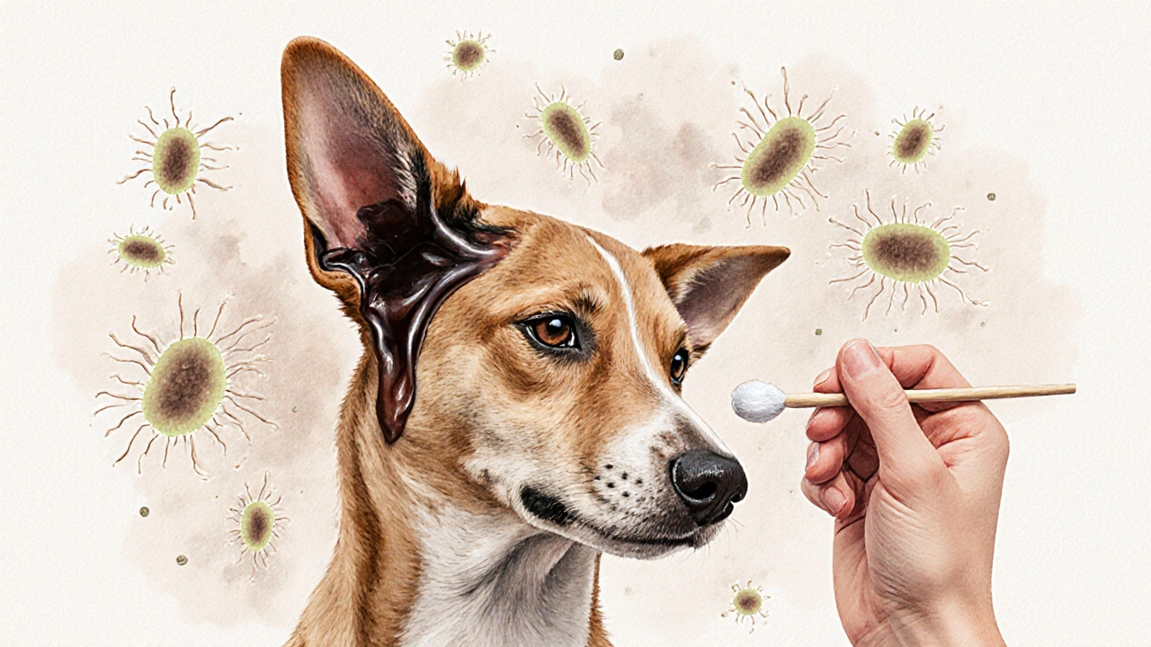 Pes s infekcí uší, z temného výtoky se vynořují bakterie a kvasinky.