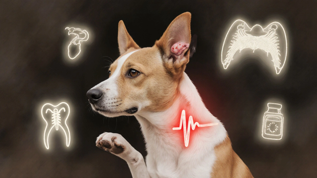 Pes s otokem ucha a neviditelnými příznaky nemoci, okolo něj vznikají lékařské symboly.