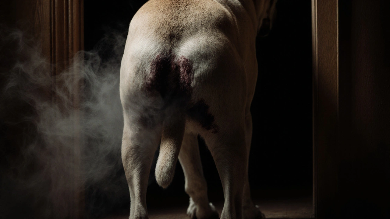 Pes s příznaky zablokovaných analních žláz, tmavé skvrny a zápach symbolizovaný mlhou.