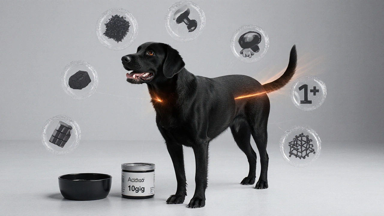 Pes vypouští toxiny díky účinku černého uhlí, symbolizované tmavou stopou.