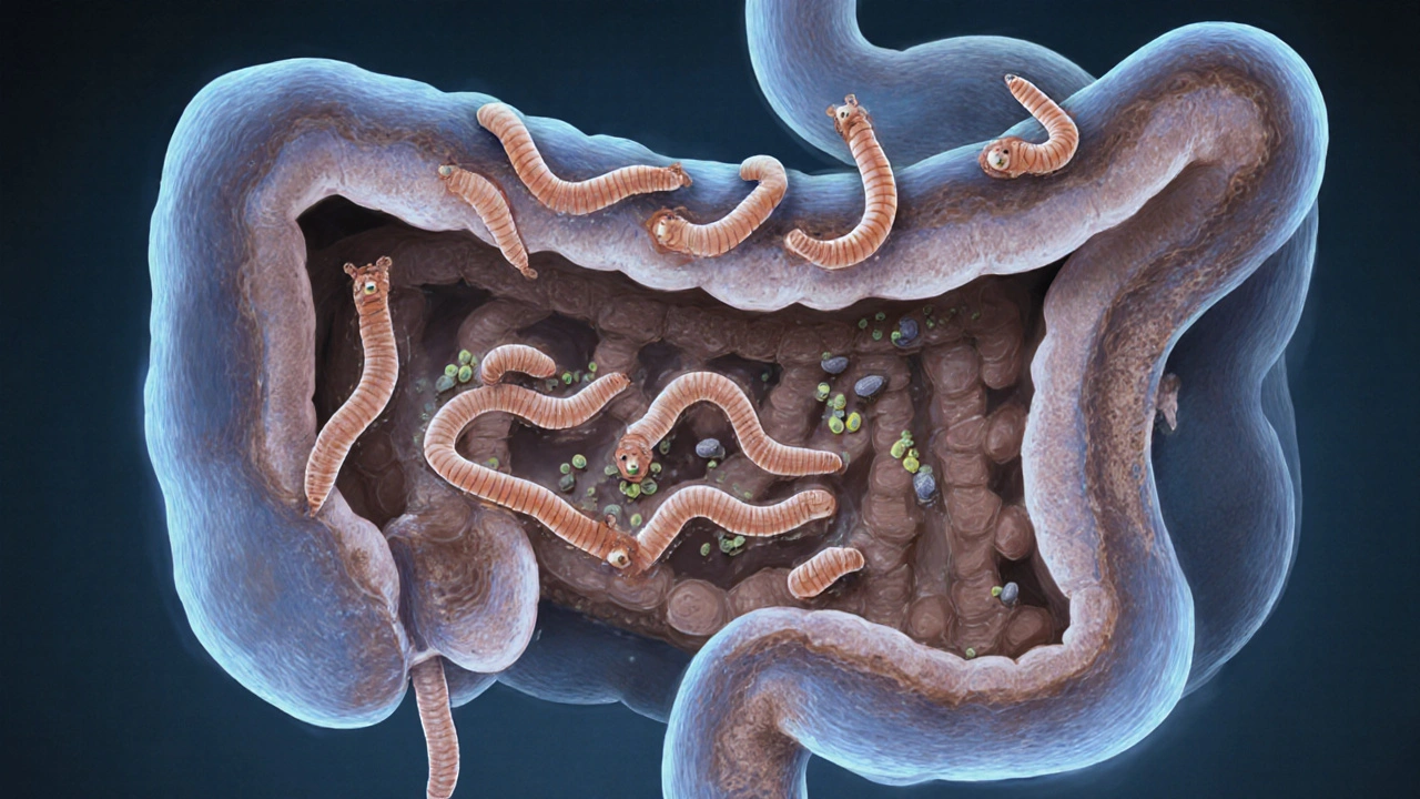 Příčný řez střevem psa s postupným rozpadem červů a skrytými vejci v tkáních.