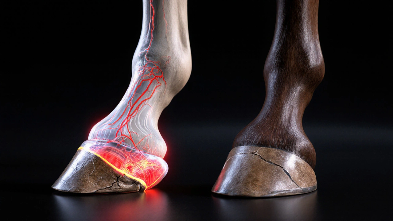 Průřez kopytem koně ukazující vnitřní strukturu a rozdíl mezi zdravým a poškozeným kopytem.