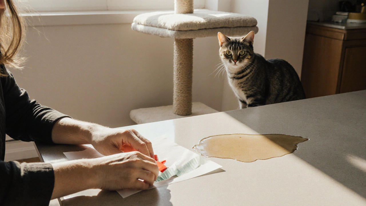 Ruka pokládá dvojité lepenky na stůl, zatímco kočka pozoruje z dálky.